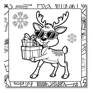Reindeer holding Christmas gift with sunglasses – Funny Christmas Coloring Book for Kids by illustroVibe