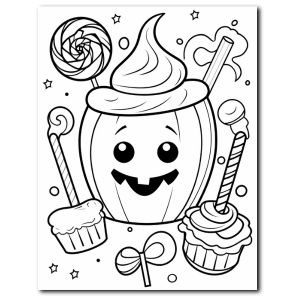 Smiling pumpkin with Halloween candies – easy and fun coloring page for toddlers