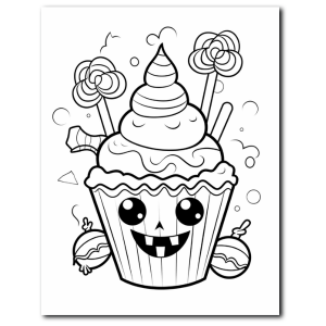 Monster cupcake with lollipops and spooky candy – silly and sweet Halloween illustration for kids