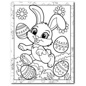 Happy Easter bunny with colorful eggs – joyful coloring page for children