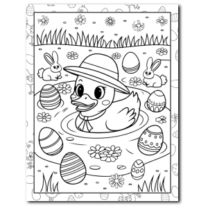 Duck with Easter eggs and bunnies in a pond – fun spring scene to color