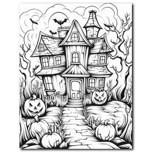 Haunted house with bats and jack-o'-lanterns – spooky Halloween coloring book illustration – illustroVibe