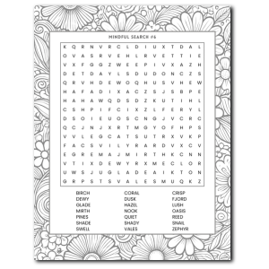 Thoughtful and relaxing word puzzle page with floral border – ideal for adults