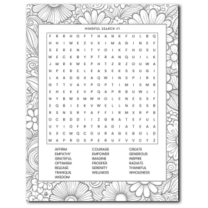 Inspirational word search for mindfulness with flowers – peaceful brain game