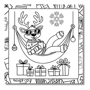 Relaxed reindeer in a hammock surrounded by presents – Funny Christmas Coloring Book for Kids by illustroVibe