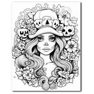 Gothic woman with skulls and floral crown – Halloween coloring page for teens and adults – illustroVibe