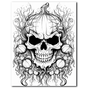 Detailed skull surrounded by vines and pumpkins – Halloween coloring page for adults – illustroVibe