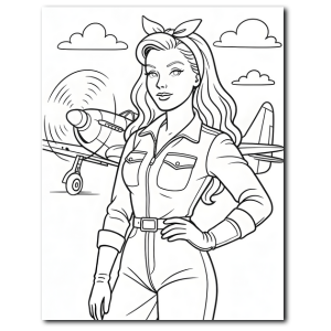 Black and white coloring page of a confident pin-up girl in a mechanic jumpsuit standing in front of a vintage airplane