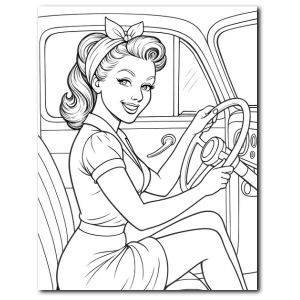 Black and white illustration of a retro pin-up girl driving a vintage car, smiling and looking out the window