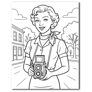 Line art coloring page of a cheerful pin-up girl holding a vintage camera on a small-town street